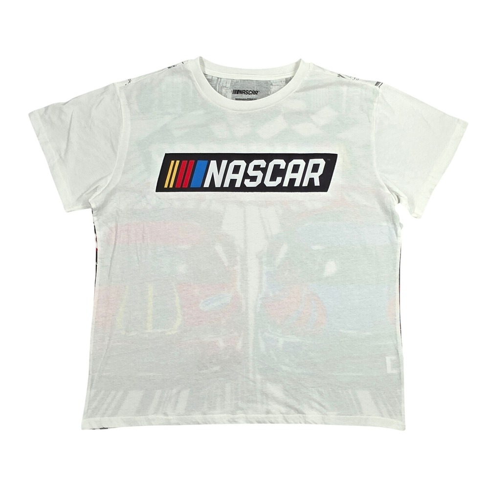 NASCAR Racing Graphic T-Shirt XL White Short Sleeve All Over Print Back Freeze